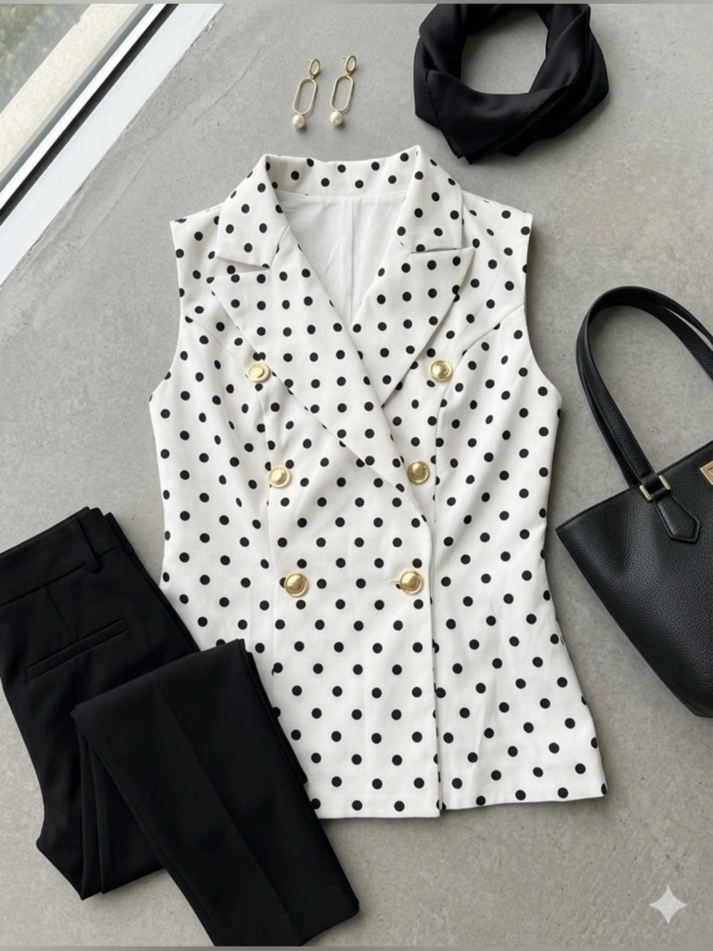 Polka Dot Double-Breasted Sleeveless Blazer - White/Black